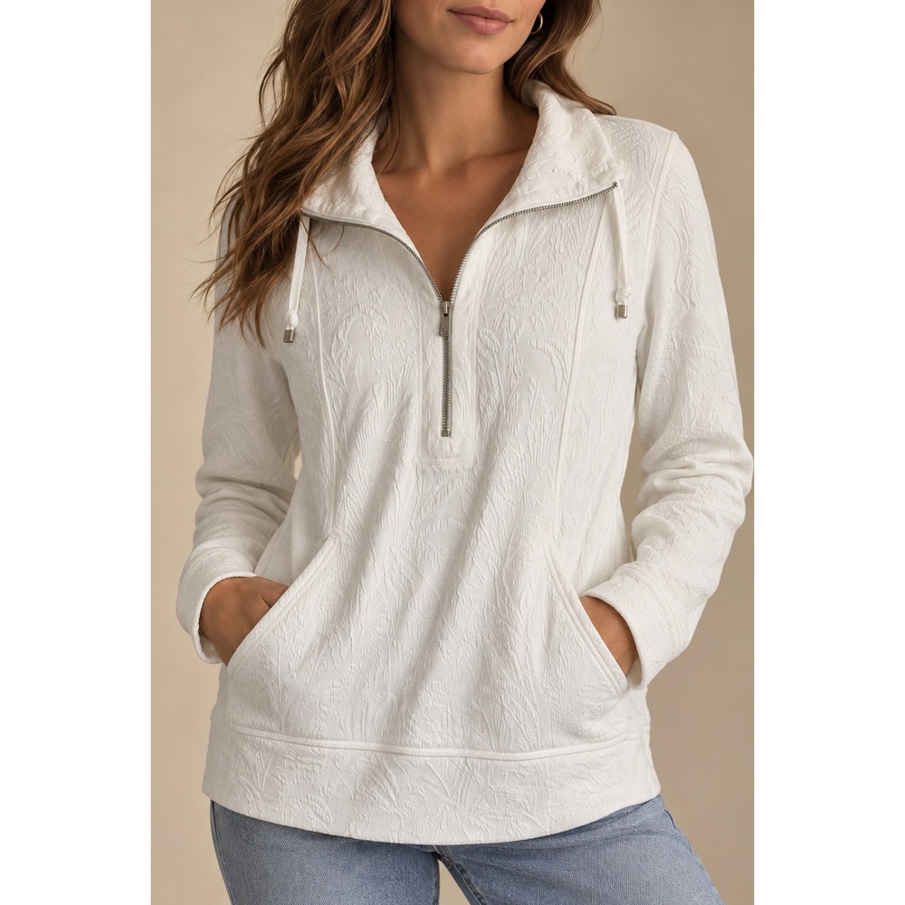 Tommy Bahama Womens White Crinkle Texture Quarter Zip Pullover Sweatshirt XS